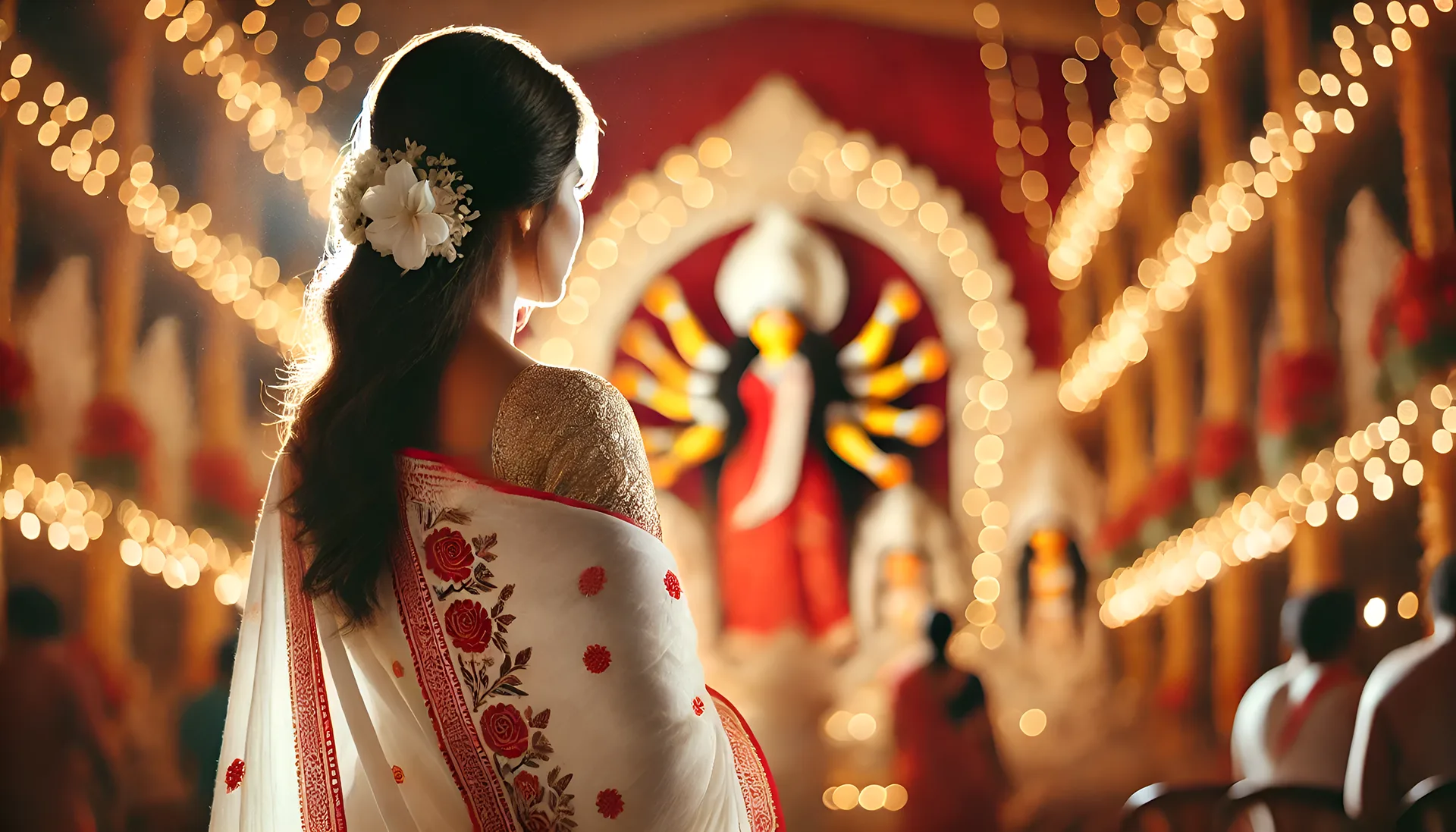 Illuminated Durga Puja pandal decorated with lights in Kolkata